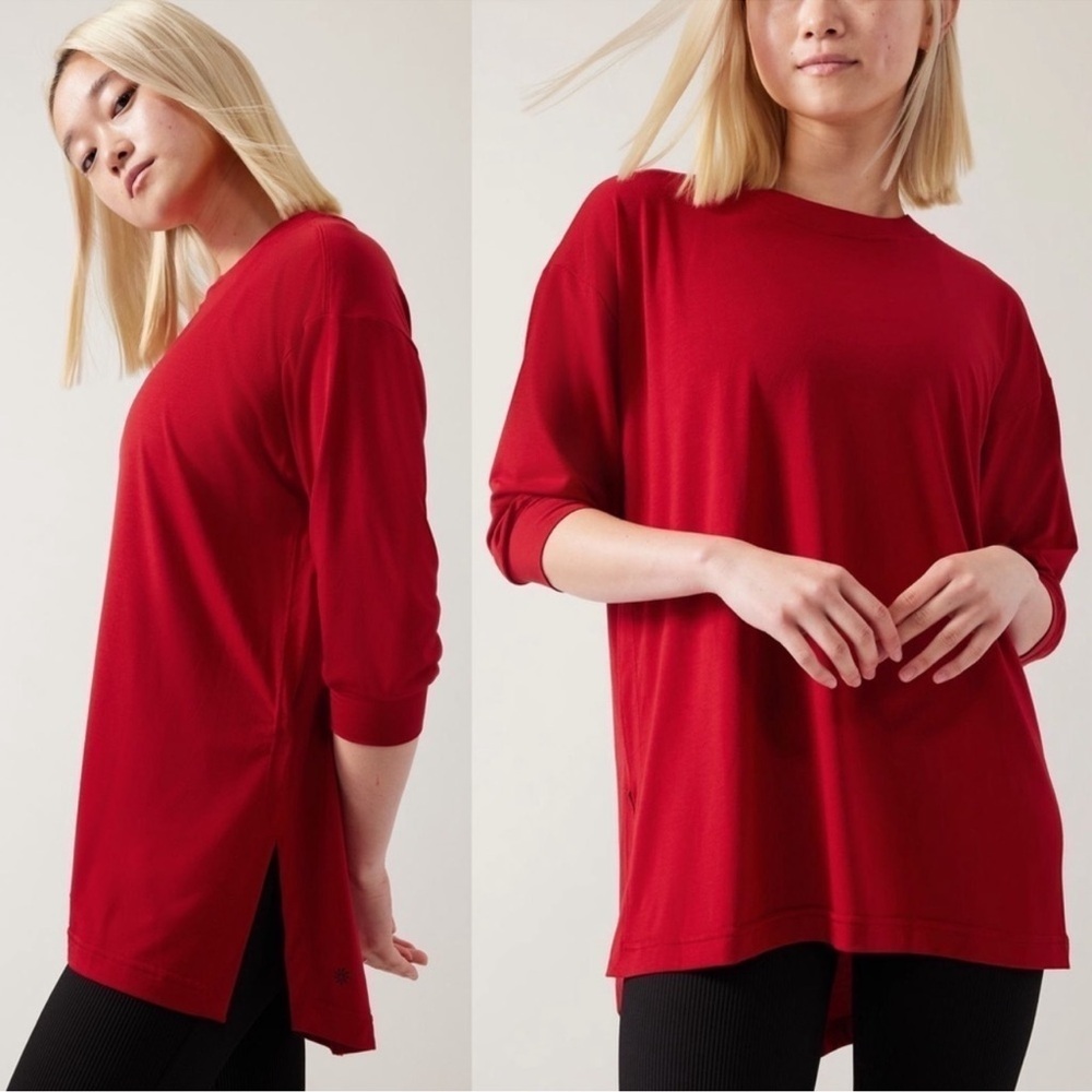 ATHLETA Oversized Tranquility Top 3/4 Sleeve Red Shirt Size XXS